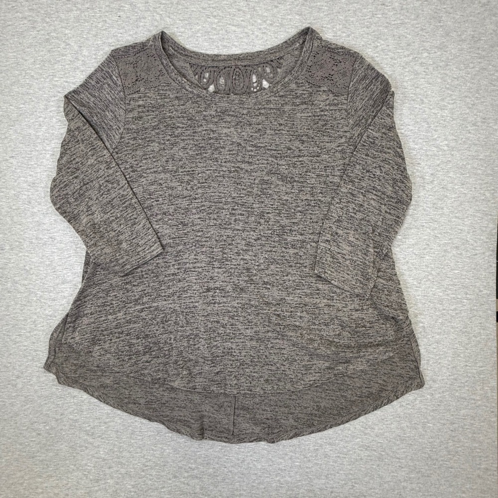 Style & Co Grey Space Dye Lace Crochet Trim 3/4 Sleeve Top Medium - Picture 3 of 7